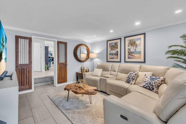 living room with light tile patterned flooring and ornamental molding