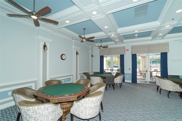 interior space with coffered ceiling, french doors, and beamed ceiling