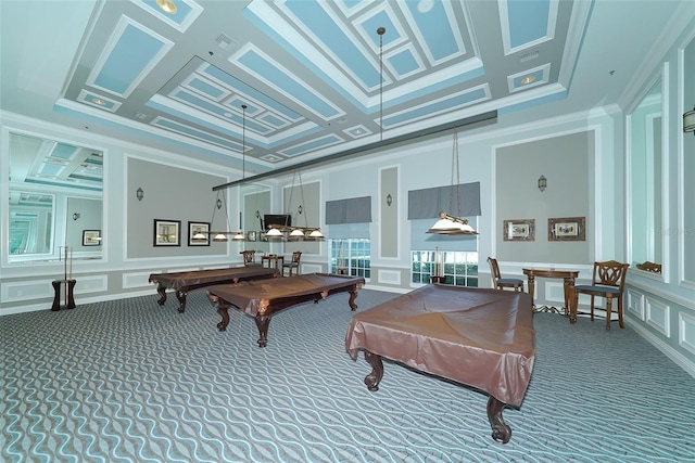 rec room with coffered ceiling, carpet flooring, and billiards