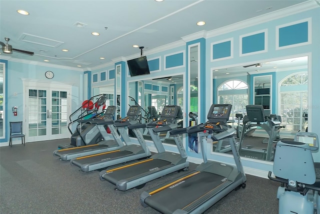 workout area with crown molding, ceiling fan, and french doors