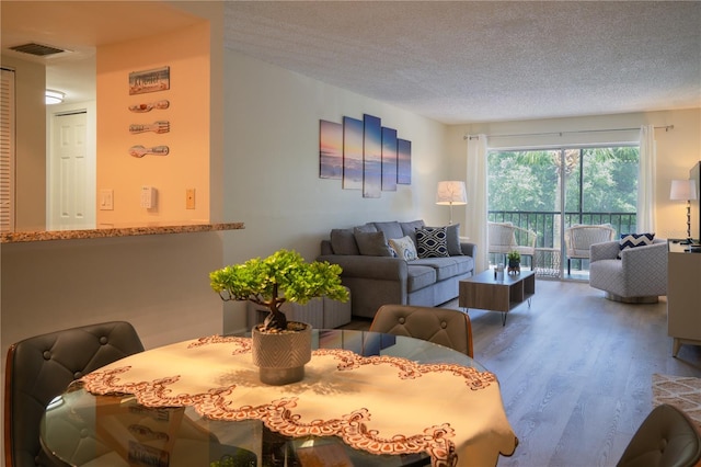 living room with a textured ceiling and hardwood / wood-style flooring