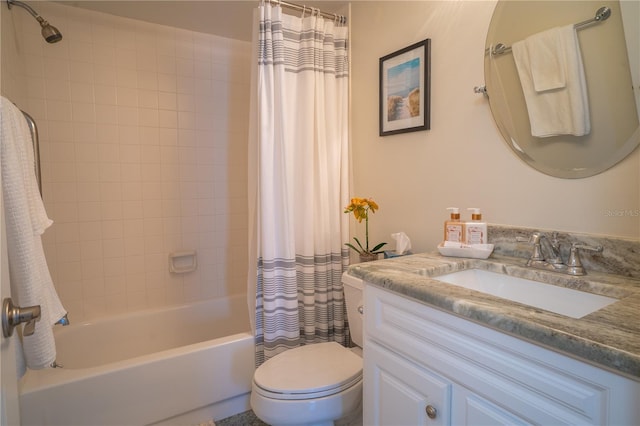 full bathroom with toilet, shower / tub combo, and vanity