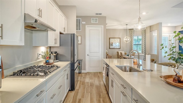 kitchen with white cabinets, stainless steel appliances, sink, hanging light fixtures, and light wood-type flooring