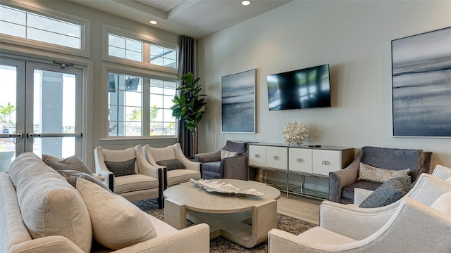 living room with a high ceiling and wood-type flooring