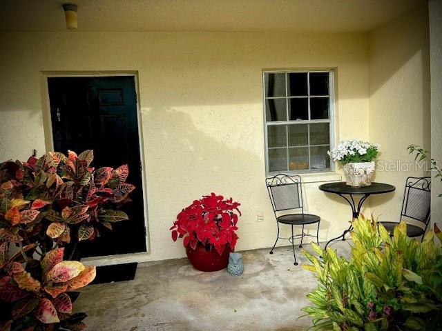 property entrance featuring a patio area and stucco siding