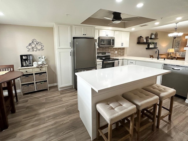 kitchen with white cabinetry, appliances with stainless steel finishes, a tray ceiling, ceiling fan with notable chandelier, and sink