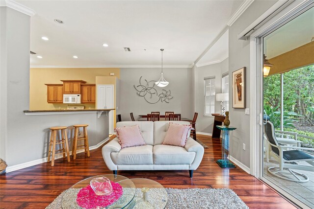 living room with dark wood-type flooring and crown molding