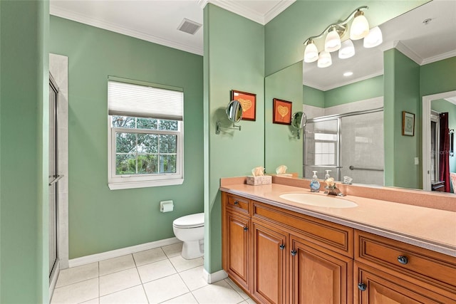 bathroom with toilet, tile patterned flooring, walk in shower, ornamental molding, and vanity