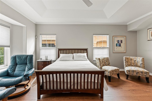 bedroom featuring ceiling fan, multiple windows, hardwood / wood-style floors, and a raised ceiling