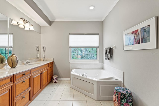 bathroom featuring a tub, tile patterned floors, vanity, and ornamental molding