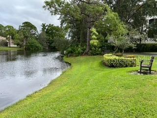 view of home's community featuring a water view and a lawn