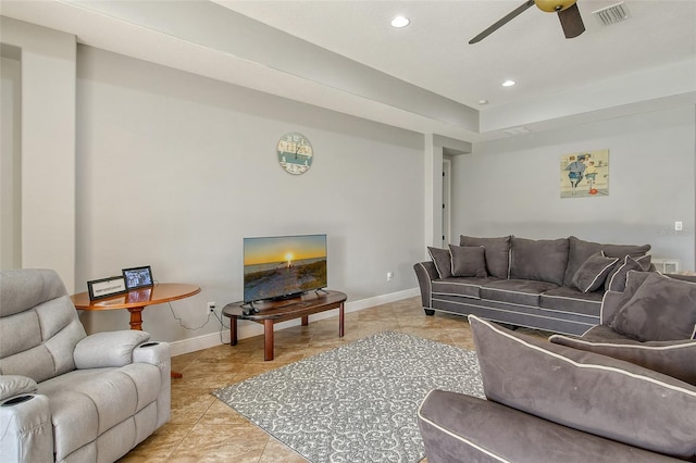 living room with ceiling fan