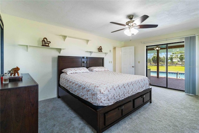 carpeted bedroom with ceiling fan, a textured ceiling, and access to outside