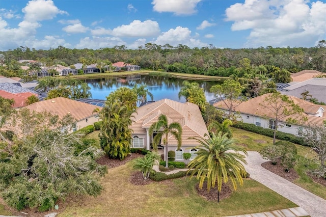 drone / aerial view featuring a water view