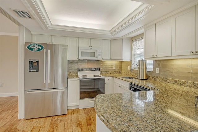 kitchen featuring white cabinetry, sink, and white appliances