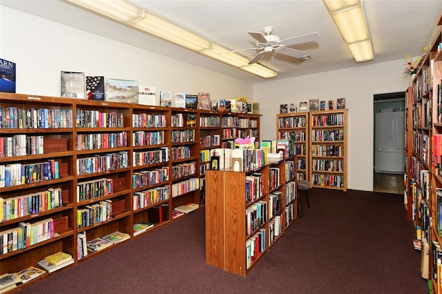 interior space featuring ceiling fan, carpet flooring, and lofted ceiling