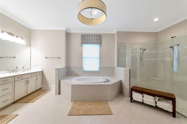 bathroom featuring tile patterned flooring, ornamental molding, separate shower and tub, and vanity