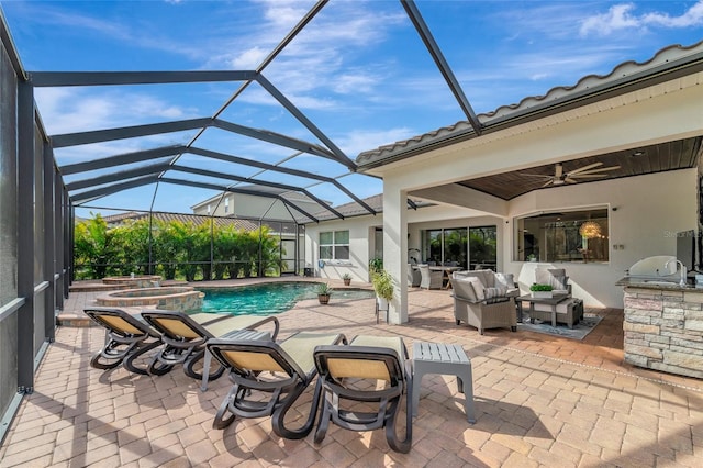 view of pool featuring an in ground hot tub, outdoor lounge area, a patio, ceiling fan, and area for grilling