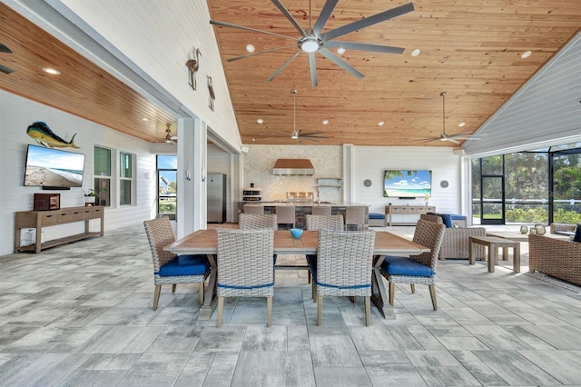 dining space featuring high vaulted ceiling, wooden ceiling, and a wealth of natural light