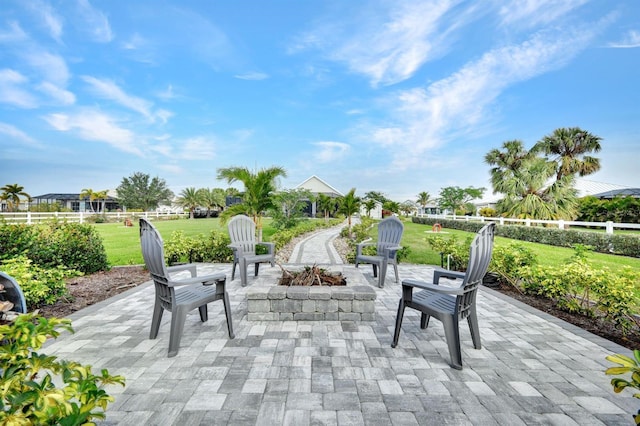 view of patio / terrace featuring an outdoor fire pit