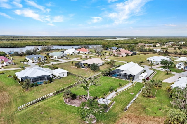 aerial view featuring a water view