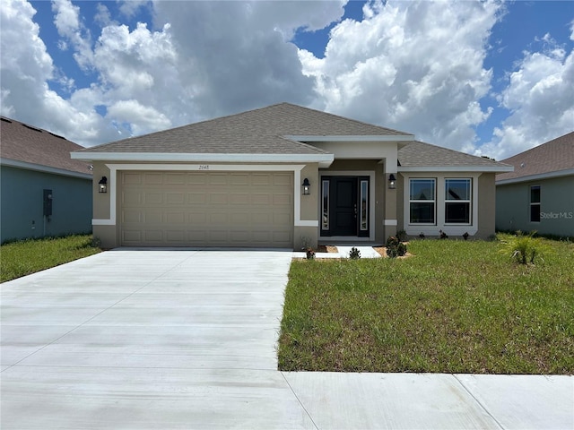 2648 Averland Loop, North Port, FL 34287 - ranch-style house with stucco siding, concrete driveway, a garage, a front lawn, and roof with shingles