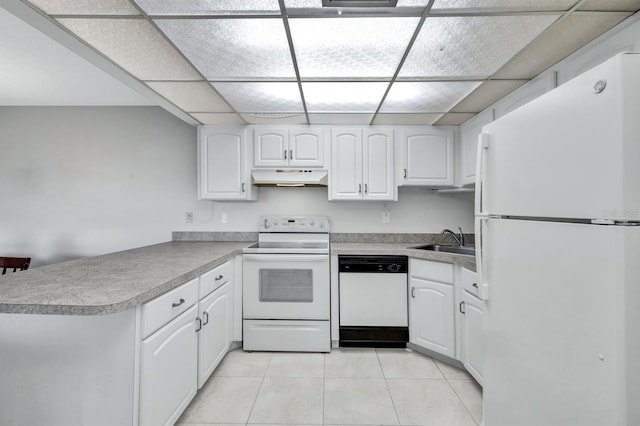 kitchen featuring white cabinetry, sink, white appliances, and kitchen peninsula