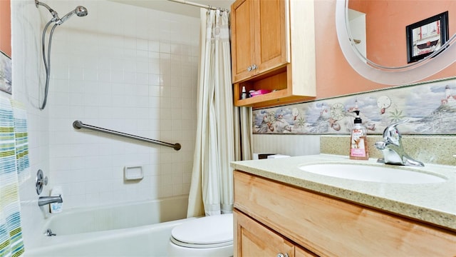 full bathroom with toilet, shower / tub combo, and vanity