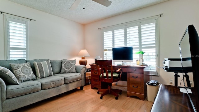 office area with a textured ceiling, ceiling fan, a wealth of natural light, and light wood-type flooring