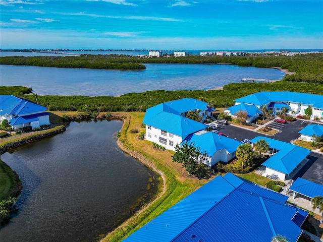 drone / aerial view with a water view