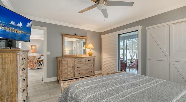 bedroom featuring access to exterior, ceiling fan, ornamental molding, and light hardwood / wood-style floors