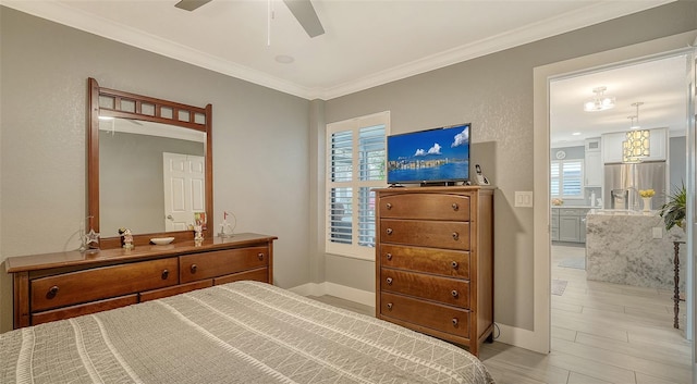 bedroom featuring ceiling fan, ornamental molding, and stainless steel fridge