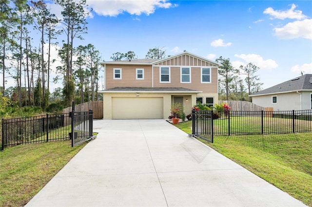 view of front of property with a front yard and a garage