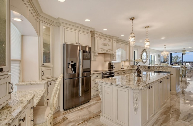 kitchen featuring marble finish floor, custom exhaust hood, range with electric cooktop, stainless steel fridge, and a peninsula