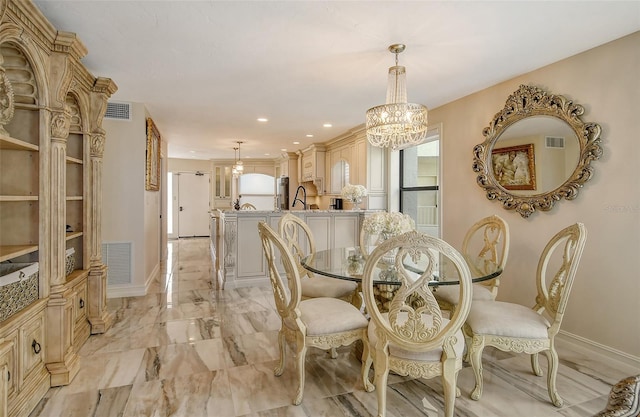 dining space with visible vents, baseboards, marble finish floor, a chandelier, and recessed lighting