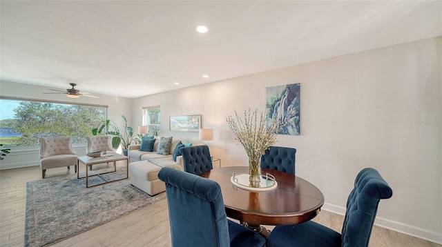 dining area with ceiling fan and light hardwood / wood-style floors