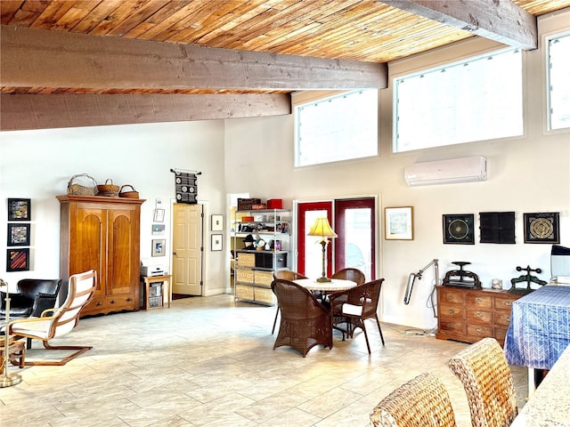 dining room featuring a wall unit AC, wood ceiling, and beamed ceiling