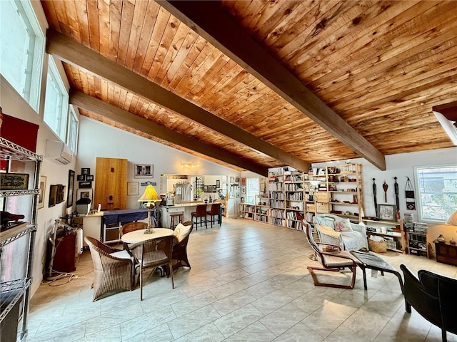 dining room featuring high vaulted ceiling, beamed ceiling, and wooden ceiling