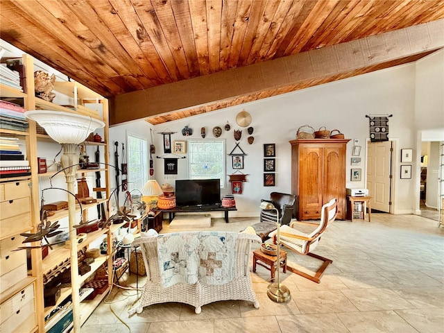 sitting room featuring vaulted ceiling and wooden ceiling