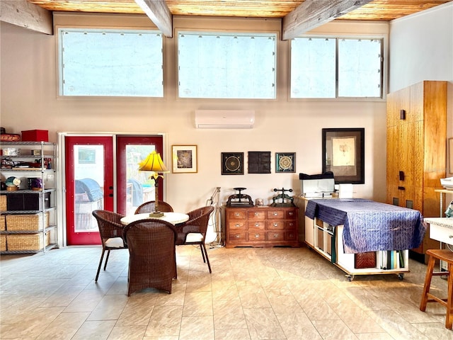 dining space with beam ceiling, a healthy amount of sunlight, a wall mounted AC, and wooden ceiling