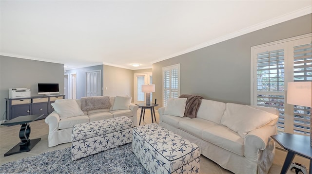 tiled living room with ornamental molding