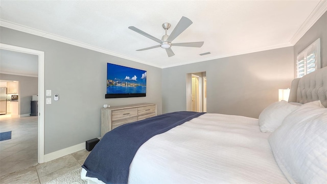 tiled bedroom featuring ceiling fan, crown molding, and stainless steel fridge