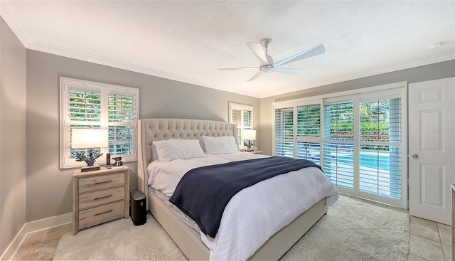 bedroom with a textured ceiling, ceiling fan, crown molding, and access to outside