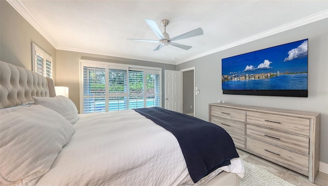 bedroom featuring light tile patterned floors, ceiling fan, ornamental molding, and access to outside