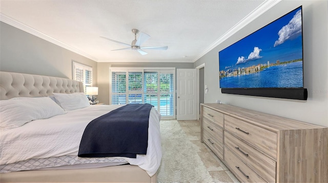 bedroom with ceiling fan, crown molding, light tile patterned floors, and access to outside