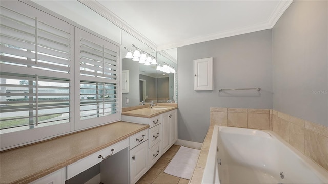 bathroom featuring vanity, crown molding, tile patterned floors, and a relaxing tiled tub