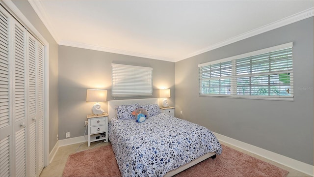 bedroom featuring tile patterned floors and crown molding