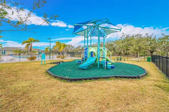 view of play area with a yard