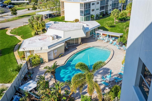 view of pool with a pergola and a patio area