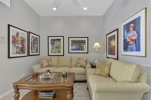 living room featuring ceiling fan